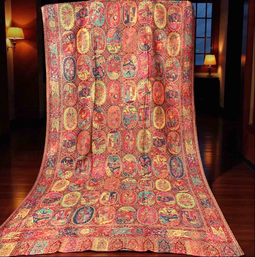 Kashmiri Red-Orange Kani Pashmina Dupata Shawl – Pure Cashmere Zari Bridal Wrap