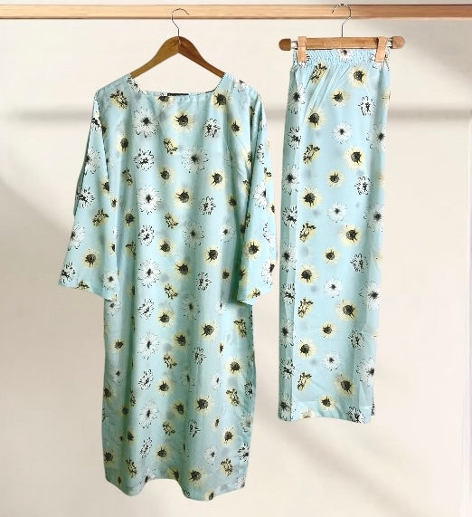 Light Blue Floral 2-Piece Mid-Season Ladies Western Style Clothing with Long Shirt | Fresh & Elegant Outfit