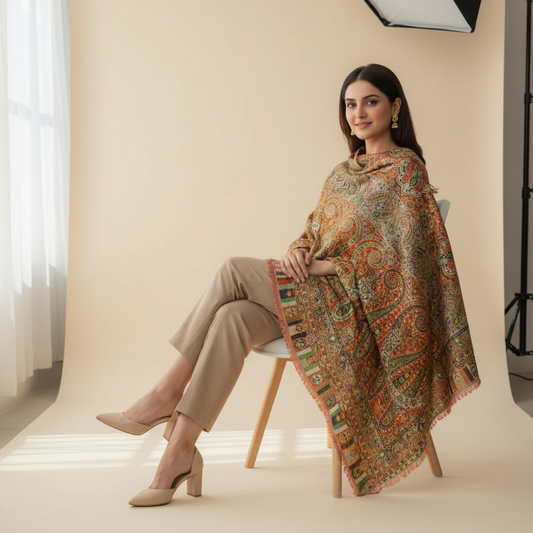 Golden Kani Pashmina Shawl – Premium Handmade Cashmere Elegance by Kinocart
