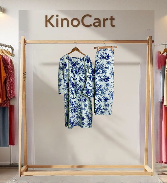 White and Blue 2-Piece Mid-Season Ladies Clothing with Long Shirt | Elegant & Trendy Outfit