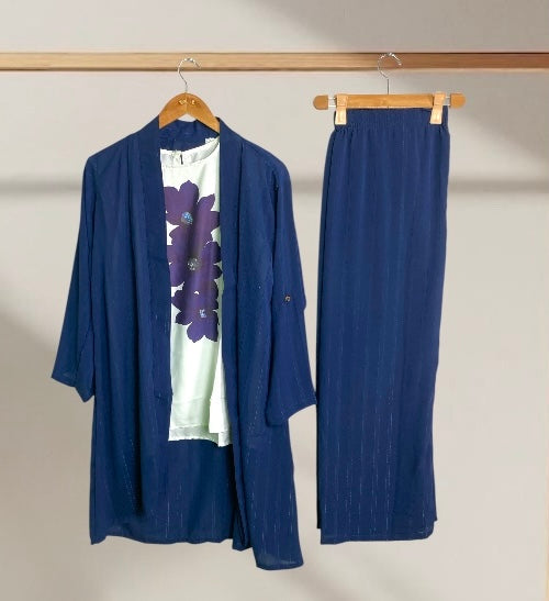 Three-Piece Navy Blue Western Set with Floral  Inner Sweater/Shirt - Ready-to-Wear, Premium Quality