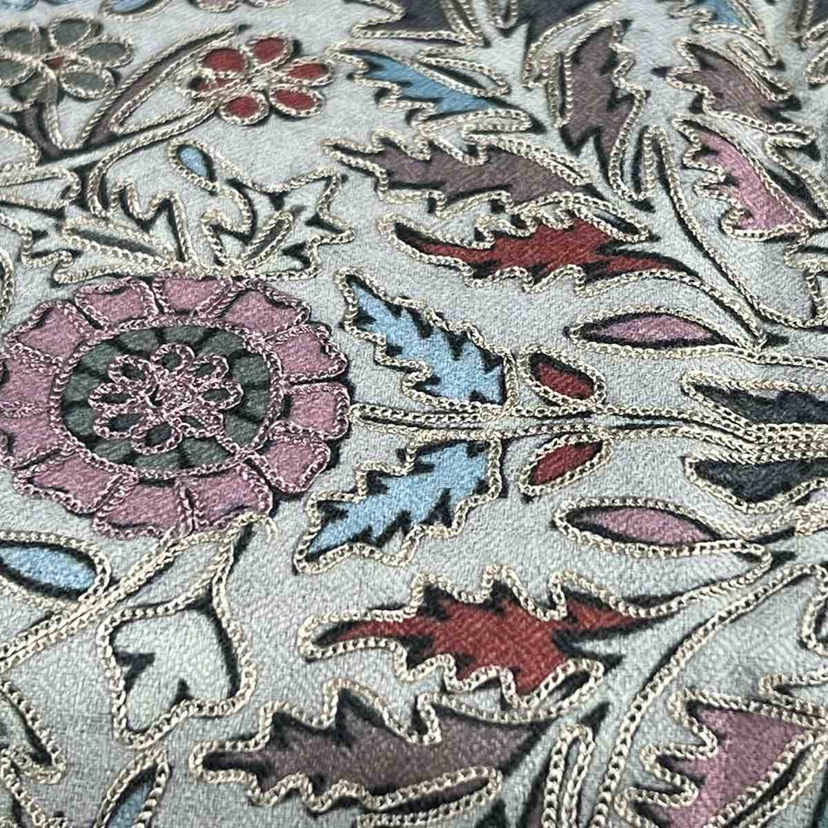 Close-up of intricate floral embroidery Black Kalamkar Pashmina Shawl 
