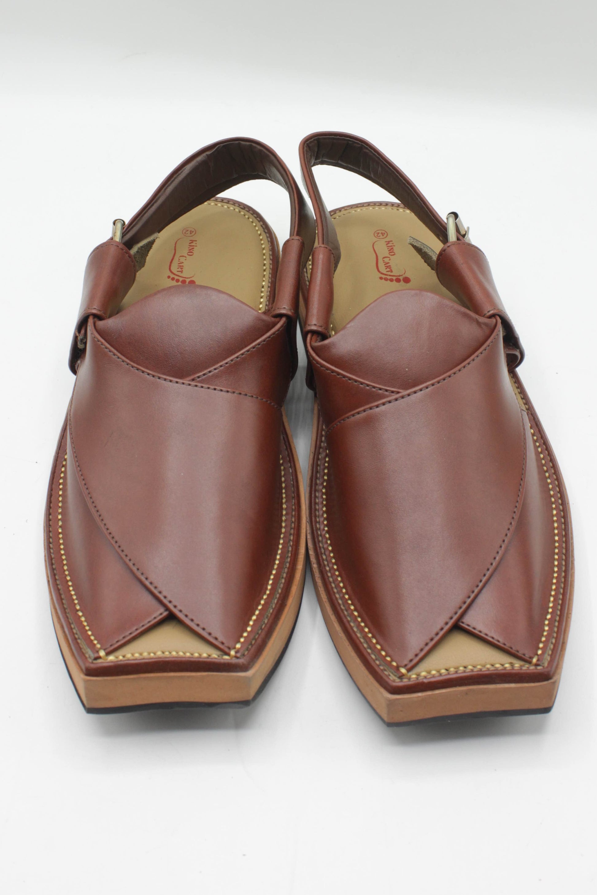 Brown Hoagh Kurum leather Peshawari sandal with kaptan design on a white background