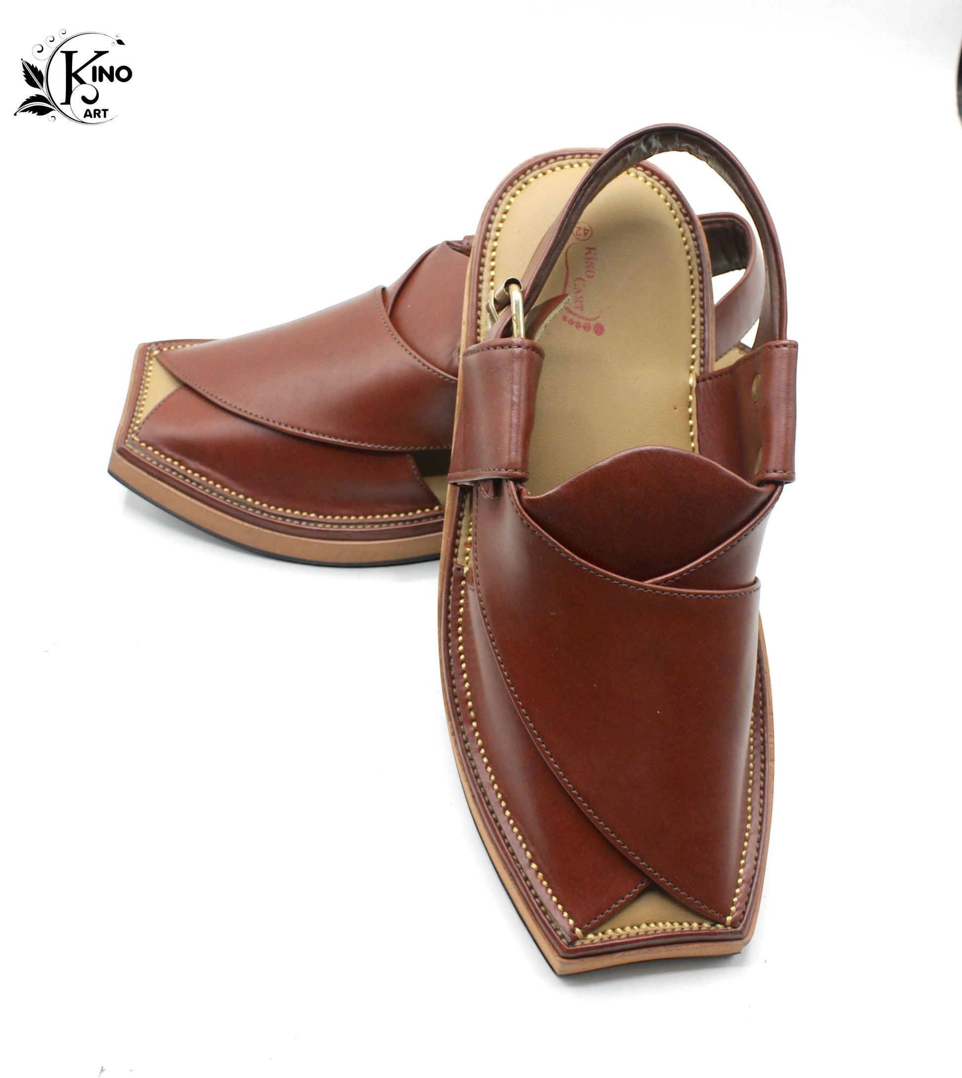 Brown Hoagh Kurum leather Peshawari sandal with kaptan design on a white background