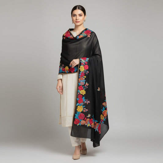 Kani Pashmina Shawl in 4 color– Lightweight Kashmiri Wrap with Multicolor Floral Embroidery | Kinocart Luxury