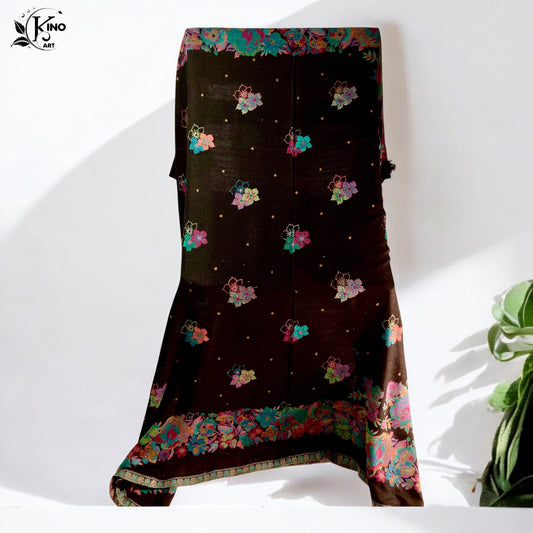 Luxurious Black Kani Pashmina Shawl with Pink Floral Embroidery