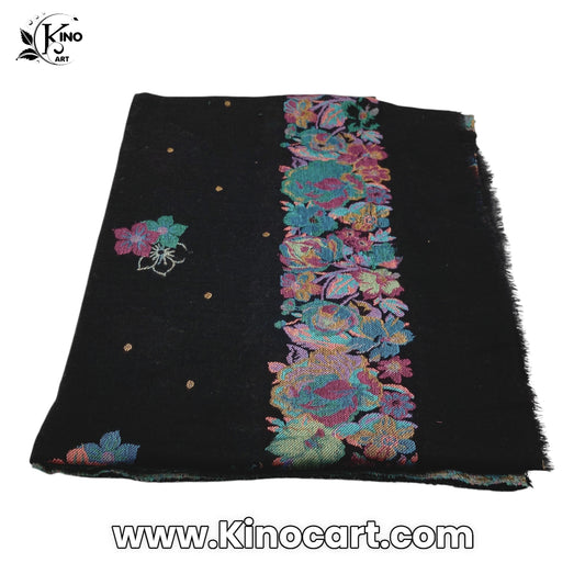 Luxurious Black Kani Pashmina Shawl with Pink Floral Embroidery