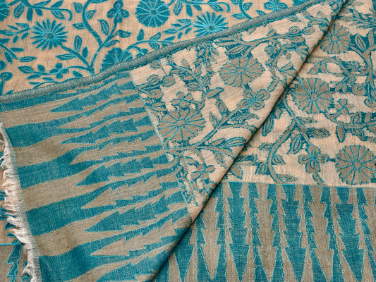 Turquoise Bloom kalamkar Pashmina Shawl – Handcrafted Luxury with Floral Elegance