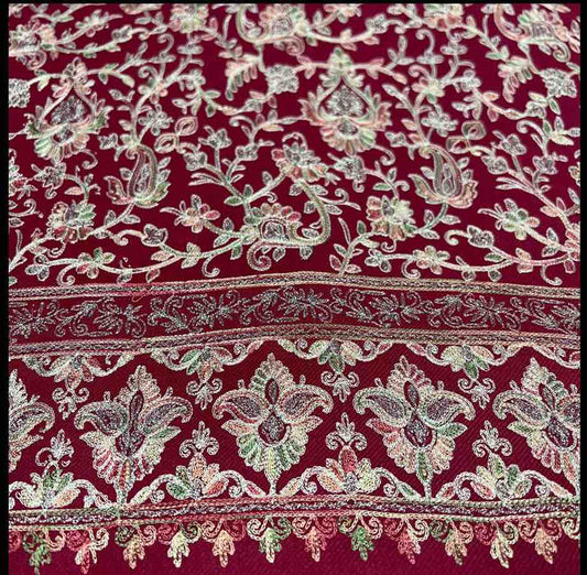 Red Wine Pure Pashmina 3-Piece Suit | Zari Embroidered Paisley Cashmere Dress Material | Unstitched Luxury