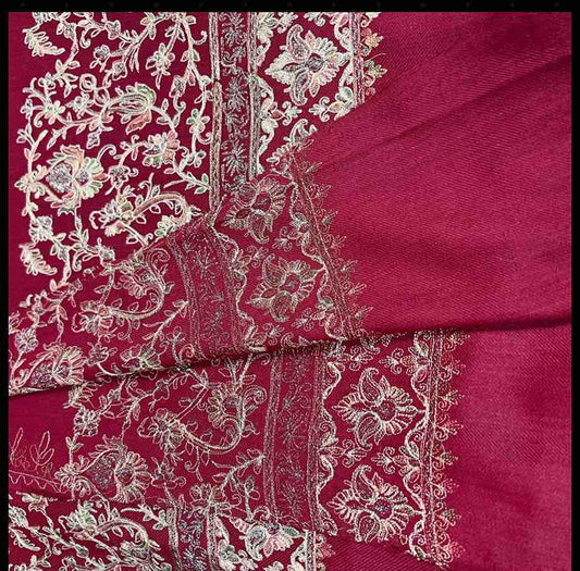 Red Wine Pure Pashmina 3-Piece Suit | Zari Embroidered Paisley Cashmere Dress Material | Unstitched Luxury