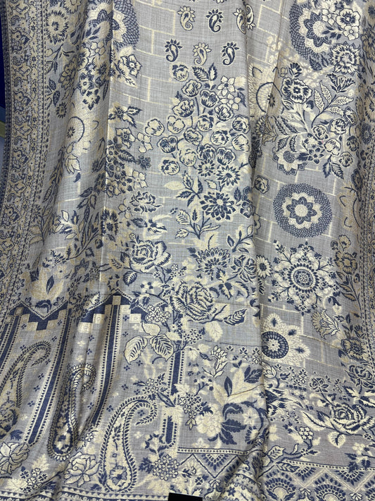 Blue & White Zari Kani Pashmina Shawl | Handwoven Floral Motif Wrap | Kashmiri Luxury