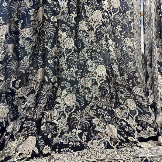 Luxury Grey & Ivory Floral Pashmina Shawl | All-Over Jaal Pattern Cashmere Wrap | Handwoven