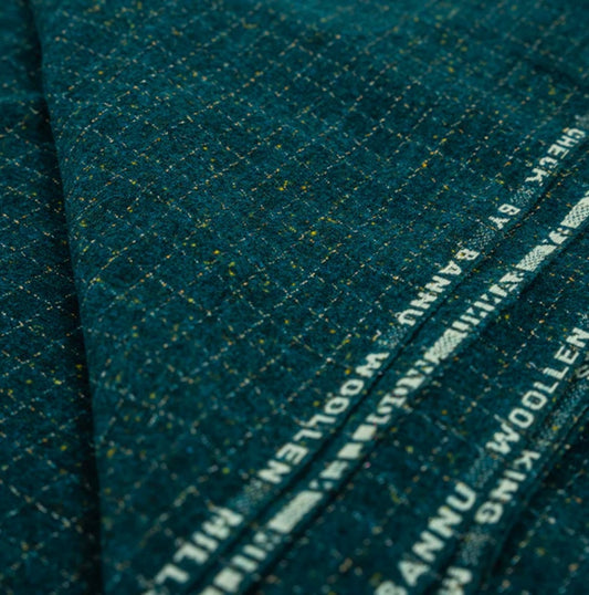 Deep Teal Fancy Check Wool | Bannu Woollen Mills Designer Fabric