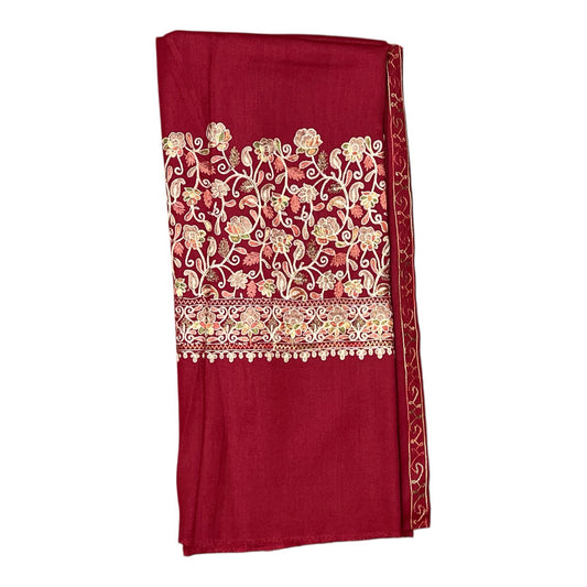 Premium Maroon Pashmina 3-Piece Ladies Suit – Full Front Embroidery & Side-Embroidered Shawl | Winter Collection