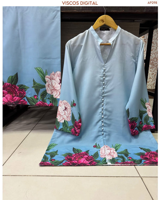 Luxury Light Blue Two-Piece Floral Silk Viscose Outfit – Elegance for Elite Girls