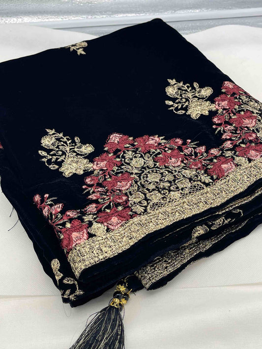 Black Velvet Shawl with Tela Work Embroidery – Premium Winter Collection by KinoCart