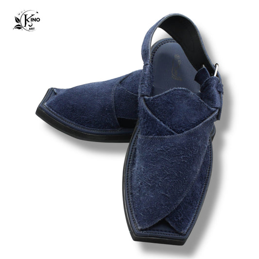 Pair of blue Peshawari suede shoes on a white background with 'Kino Art' branding.