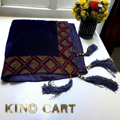 Luxurious Blue Velvet Shawl with Exquisite Moti Border