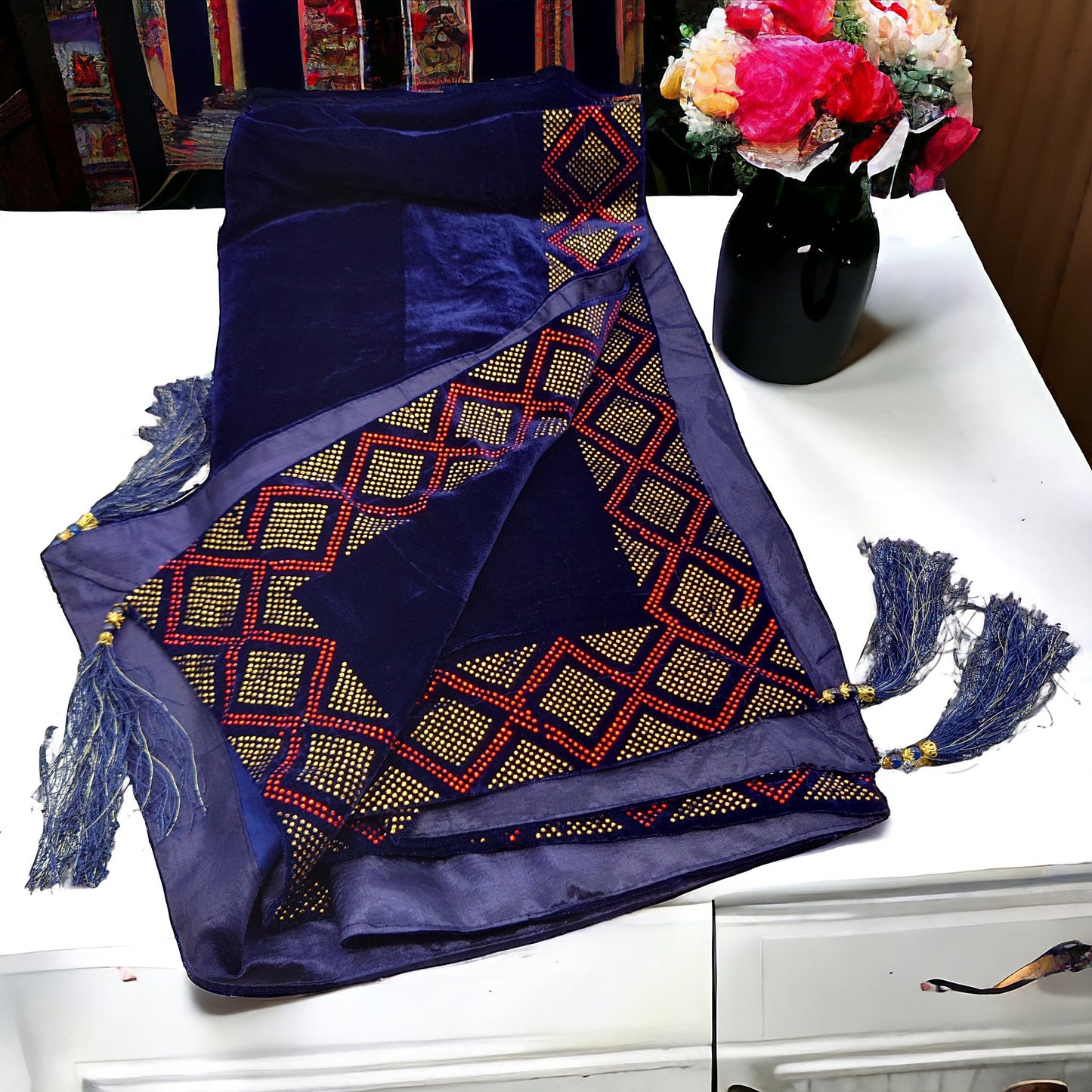 Luxurious Blue Velvet Shawl with Exquisite Moti Border