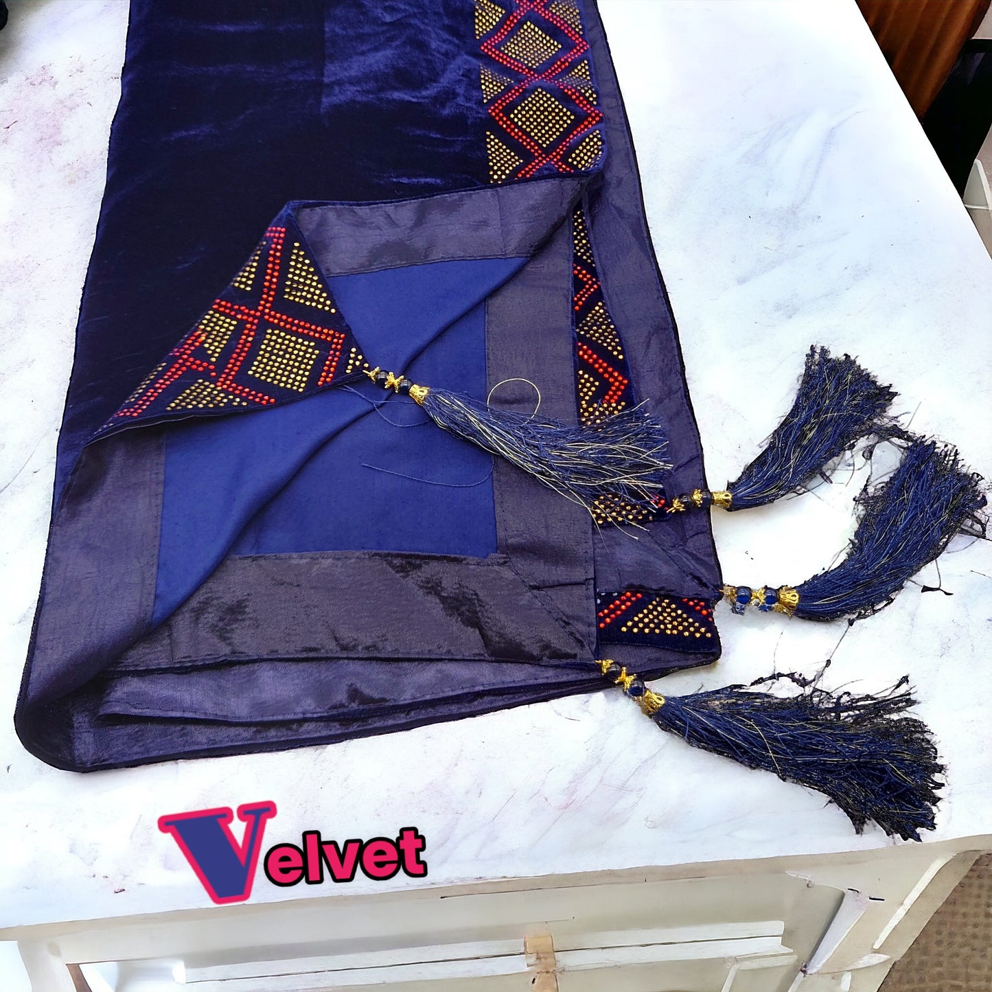 Luxurious Blue Velvet Shawl with Exquisite Moti Border