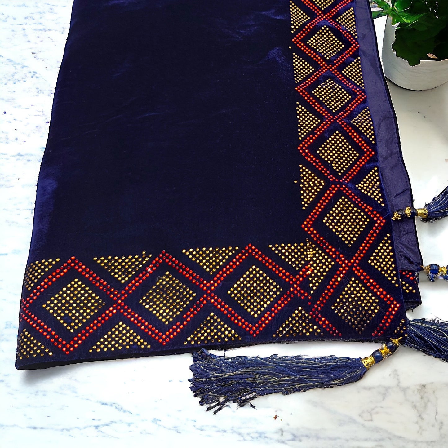 Luxurious Blue Velvet Shawl with Exquisite Moti Border