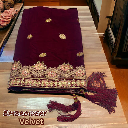 Luxurious Maroon Velvet Shawl with Exquisite Embroidery