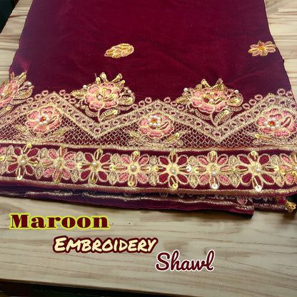 Luxurious Maroon Velvet Shawl with Exquisite Embroidery