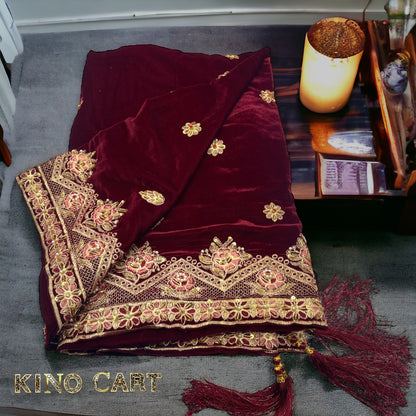 Luxurious Maroon Velvet Shawl with Exquisite Embroidery