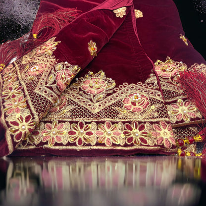 Luxurious Maroon Velvet Shawl with Exquisite Embroidery