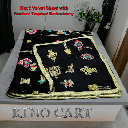 Black Velvet Shawl with Modern Tropical Embroidery