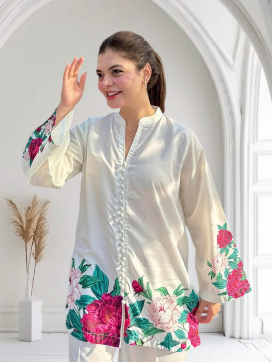 Luxury Two-Piece White Floral Silk Viscose Outfit – Elegance for Elite Girls