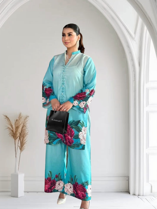 Luxury Light Blue Two-Piece Floral Silk Viscose Outfit – Elegance for Elite Girls