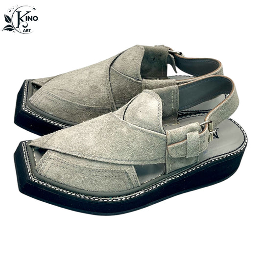 Grey Peshawari Shoes with Tyre Sole – Traditional Charsadda Sandals | Kinocart