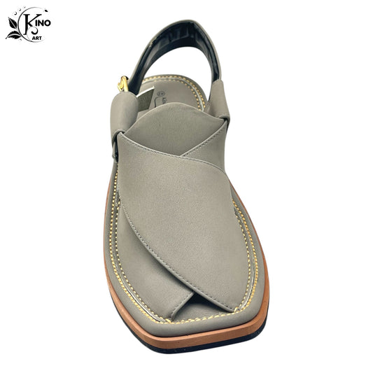 Silver-Grey Nubuck Leather Washable Peshawari Chappal with Tyre Sole – Kinocart Premium