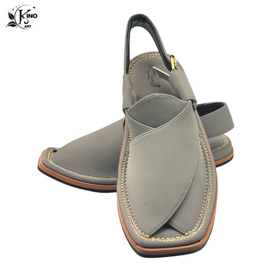 Rafale Shoes | Jet Grey Leather Peshawari Chappal | Medicated Sole, Waterproof | Tyre Sole Peshawari Kerri