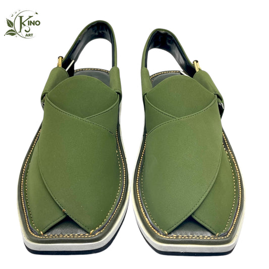 Olive Green Nubuck Leather Peshawari Chappal | Waterproof Medicated Sole | Tyre Sole Peshawari Kerri | 7 Days Return Policy
