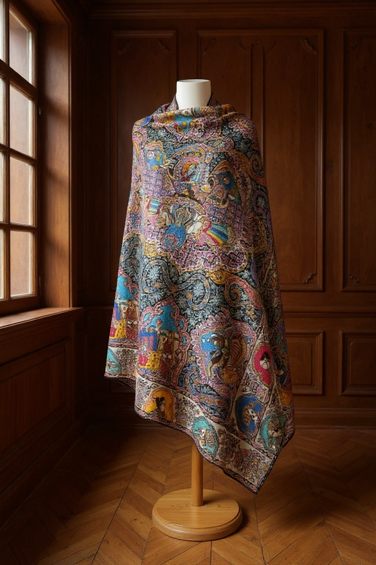 Handmade Kalamkari Darbari Shawl from Kashmir – Royal Design Worn by Queens