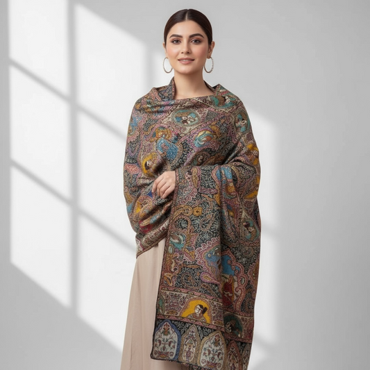 Handmade Kalamkari Darbari Shawl from Kashmir – Royal Design Worn by Queens
