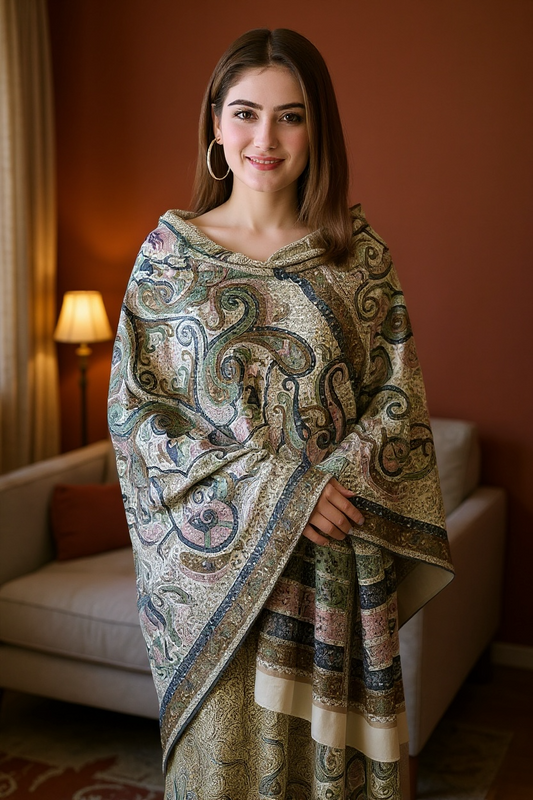 Handmade Light Grey Kalamkari Darbari Shawl from Kashmir