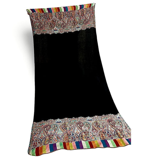 I Black kani Pashmina Shawl with Floral Borders – Ultra Light Weight for black Lover