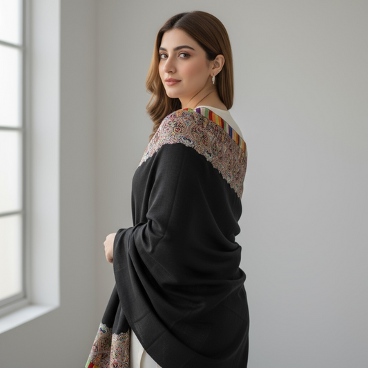 I Black kani Pashmina Shawl with Floral Borders – Ultra Light Weight for black Lover