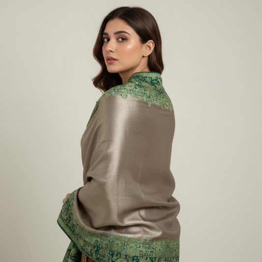 Double Shade Moonlight Pashmina Darbari Shawl – Golden & Deep Green | Kinocart