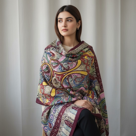 Handmade Multicolor Kalamkari Shawl from Kashmir – Premium Cashmere Wool | Kinocart