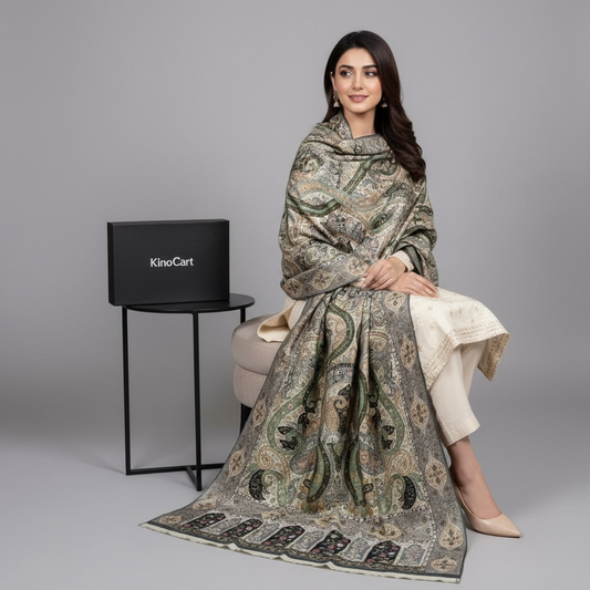 Light Green Kalamkari Pashmina Shawl – Premium Handmade Elegance by Kinocart