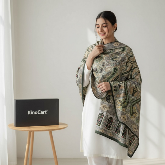 Light Green Kalamkari Pashmina Shawl – Premium Handmade Elegance by Kinocart