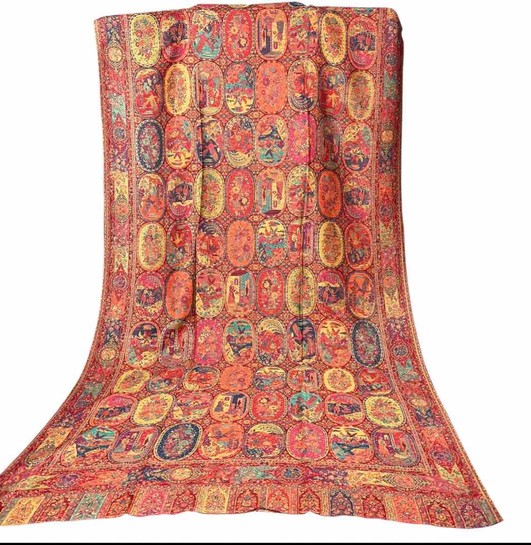 Kashmiri Red-Orange Kani Pashmina Dupata Shawl – Pure Cashmere Zari Bridal Wrap