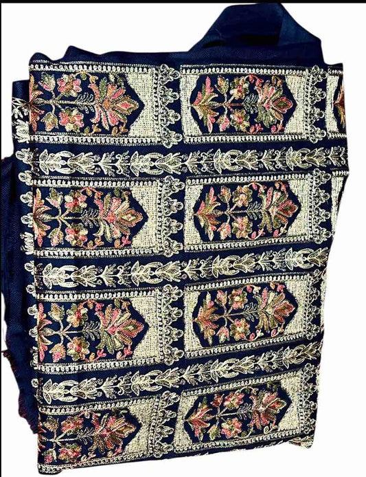 Navy Blue Pure Pashmina 3-Piece Suit | Handwoven Tilla Work Cashmere Fabric | Unstitched Luxury