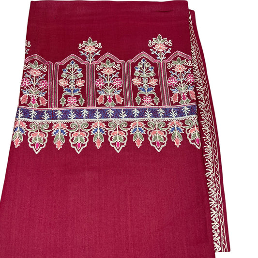 Burgundy Pure Pashmina 3-Piece Suit Fabric | Maple Leaf Aari Work Cashmere Dress Material | Unstitched Luxury