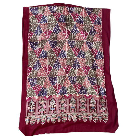 Burgundy Pure Pashmina 3-Piece Suit Fabric | Maple Leaf Aari Work Cashmere Dress Material | Unstitched Luxury