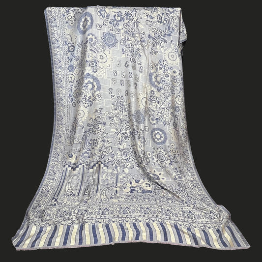 Blue & White Zari Kani Pashmina Shawl | Handwoven Floral Motif Wrap | Kashmiri Luxury
